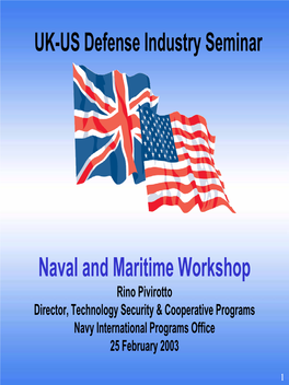 Naval and Maritime Workshop Rino Pivirotto Director, Technology Security & Cooperative Programs Navy International Programs Office 25 February 2003