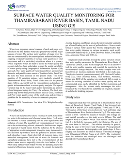 Surface Water Quality Monitoring for Thamirabarani River Basin, Tamil Nadu