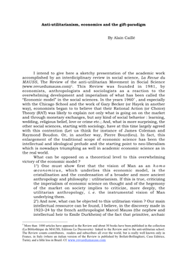 Anti-Utilitarianism, Economics and the Gift-Paradigm by Alain Caillé I Intend to Give Here a Sketchy Presentation of the Academ