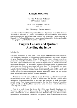 English Canada and Quebec: Avoiding the Issue