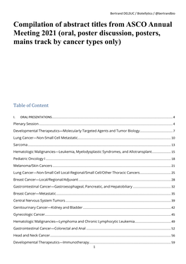 Compilation of Abstract Titles from ASCO Annual Meeting 2021 (Oral, Poster Discussion, Posters, Mains Track by Cancer Types Only)