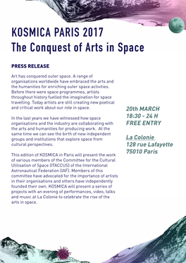KOSMICA PARIS 2017 the Conquest of Arts in Space