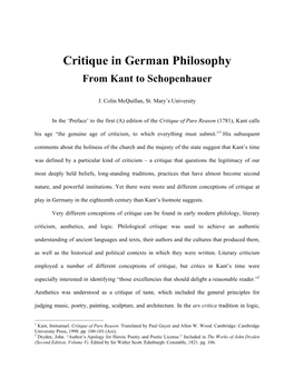 Critique in German Philosophy from Kant to Schopenhauer