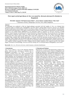 First Report on Leaf Spot Disease of Aloe Vera Caused by Alternaria Alternata (Fr.) Keissler in Bangladesh