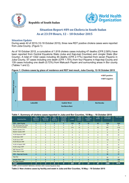 Situation Report #89 on Cholera in South Sudan As at 23:59 Hours, 12 – 18 October 2015
