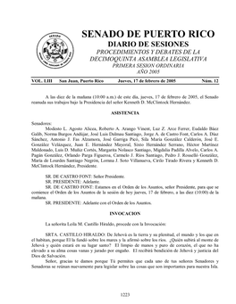 Senado De Puerto Rico Diario De Sesiones Procedimientos Y Debates De La Decimoquinta Asamblea Legislativa Primera Sesion Ordinaria Año 2005 Vol