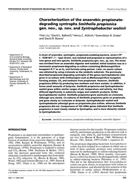 Degrading Syntrophs Smithella Propionica Gen. Nov., Sp. Nov. and Syntrophobacter Wolinii