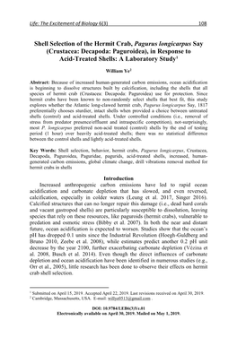 Shell Selection of the Hermit Crab, Pagurus Longicarpus Say (Crustacea: Decapoda: Paguroidea), in Response to Acid-Treated Shells: a Laboratory Study1