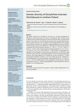 Genetic Diversity of Dactylorhiza Incarnata (Orchidaceae) in Northern Introduction Poland