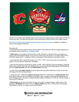 The 2019 Tim Hortons NHL Heritage Classic Will Be the Second Regular-Season Outdoor Game for Both the Flames and Jets