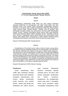 Perkembangan Daerah Otonom Baru (DOB) Di Provinsi Lampung (Model Tipologi Klassen)