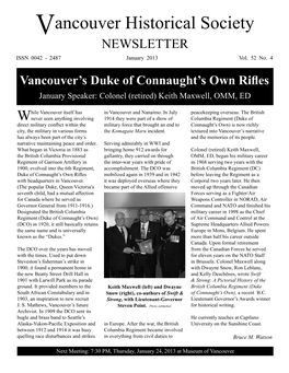 Vancouver Historical Society NEWSLETTER ISSN 0042 - 2487 January 2013 Vol