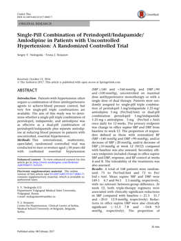 Single-Pill Combination of Perindopril/Indapamide/ Amlodipine in Patients with Uncontrolled Hypertension: a Randomized Controlled Trial