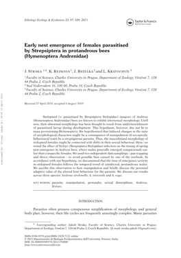 Early Nest Emergence of Females Parasitised by Strepsiptera in Protandrous Bees (Hymenoptera Andrenidae)