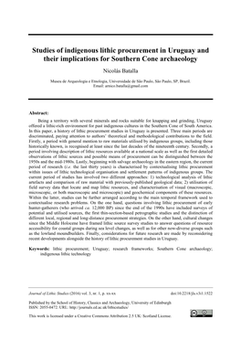 Studies of Indigenous Lithic Procurement in Uruguay and Their Implications for Southern Cone Archaeology Nicolás Batalla