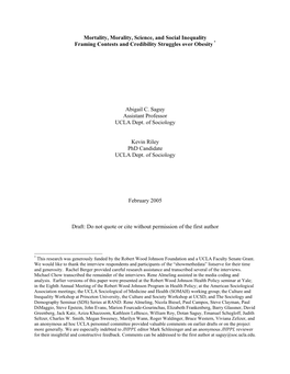 Mortality, Morality, Science, and Social Inequality Framing Contests and Credibility Struggles Over Obesity *