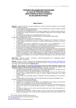 L'évolution Des Peuplements D'ammonites Au Cours De L'oxfordien Inférieur (Zone À Mariae Et Zone À Cordatum) Du Jura (Est De La France)