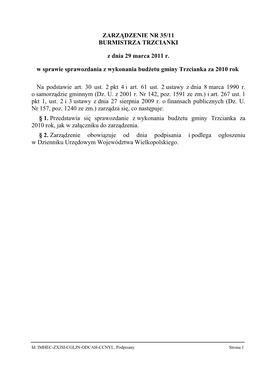 ZARZĄDZENIE NR 35/11 BURMISTRZA TRZCIANKI Z Dnia