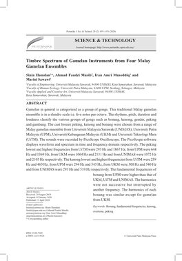 SCIENCE & TECHNOLOGY Timbre Spectrum of Gamelan Instruments from Four Malay Gamelan Ensembles