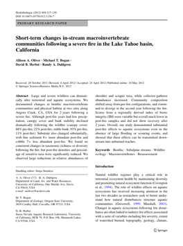 Short-Term Changes In-Stream Macroinvertebrate Communities Following a Severe ﬁre in the Lake Tahoe Basin, California