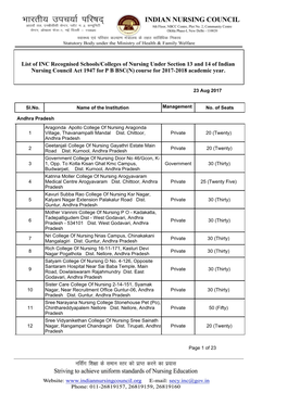 List of INC Recognised Schools/Colleges of Nursing Under Section 13 and 14 of Indian Nursing Council Act 1947 for P B BSC(N) Course for 2017-2018 Academic Year