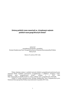 Zmiany Polskich Nazw Zawartych W „Urzędowym Wykazie Polskich Nazw Geograficznych Świata”