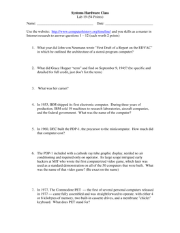 Systems Hardware Class Lab 19 (54 Points) Name: ______Date: ______