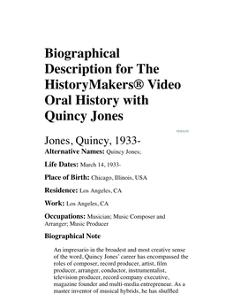 Biographical Description for the Historymakers® Video Oral History with Quincy Jones