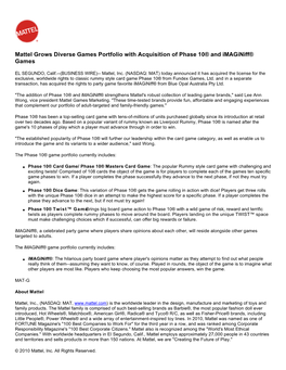 Mattel Grows Diverse Games Portfolio with Acquisition of Phase 10® and Imaginiff® Games