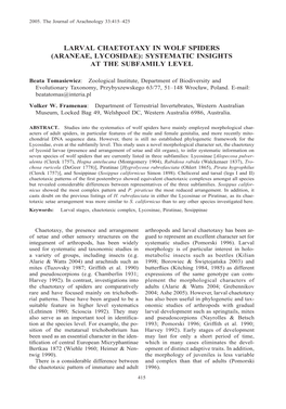 Larval Chaetotaxy in Wolf Spiders (Araneae, Lycosidae): Systematic Insights at the Subfamily Level