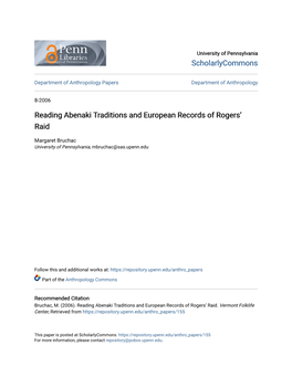 Reading Abenaki Traditions and European Records of Rogers' Raid