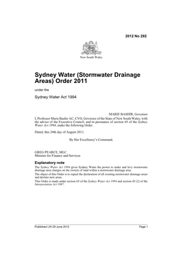 Sydney Water (Stormwater Drainage Areas) Order 2011 Under the Sydney Water Act 1994