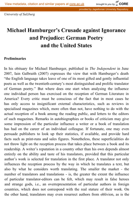 Michael Hamburger's Crusade Against Ignorance and Prejudice: German Poetry and the United States