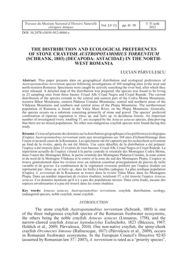 The Distribution and Ecological Preferences of Stone Crayfish Austropotamobius Torrentium (Schrank, 1803) (Decapoda: Astacidae) in the North- West Romania