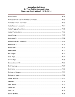 Alaska Board of Game On-Time Public Comment Index Statewide Meeting March 14-18, 2014