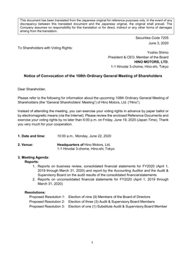 Notice of Convocation of the 108Th Ordinary General Meeting of Shareholders