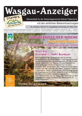 Wasgau-Anzeiger« 25. März 2021 1 Wasgau-Anzeiger Wochenblatt Für Die Verbandsgemeinde Dahner Felsenland Mit Den Amtlichen Bekanntmachungen 48