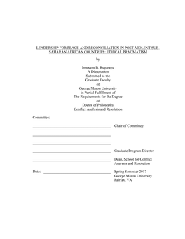 LEADERSHIP for PEACE and RECONCILIATION in POST-VIOLENT SUB- SAHARAN AFRICAN COUNTRIES: ETHICAL PRAGMATISM By