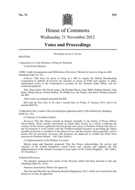 House of Commons Wednesday 21 November 2012 Votes and Proceedings