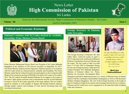 High Commission of Pakistan Sri Lanka Issues by the Information Section, High Commission of Pakistan Colombo – Sri Lanka Volume - 06 April to September, 2013 Issue 1