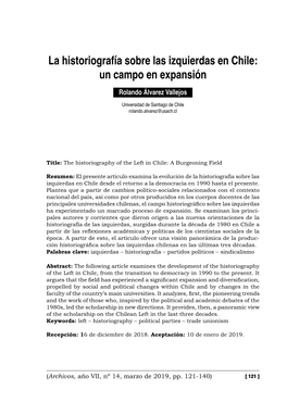 La Historiografía Sobre Las Izquierdas En Chile: Un Campo En Expansión Rolando Álvarez Vallejos