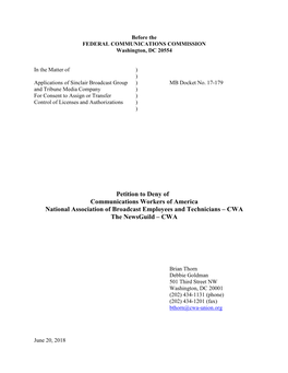 Petition to Deny of Communications Workers of America National Association of Broadcast Employees and Technicians – CWA the Newsguild – CWA