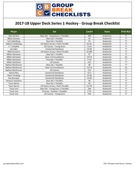 2017-18 Upper Deck Series 1 Hockey - Group Break Checklist