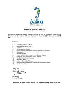 Agenda of Ordinary Meeting of Ballina Shire Council