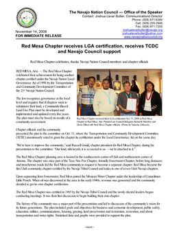 Red Mesa Chapter Receives LGA Certification, Receives TCDC Support