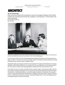 The Art of Patronage Mies and Johnson Would Never Have Gotten to Work on the Seagram Building If Not for Phyllis Lambert
