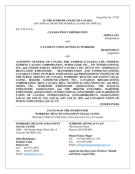 Court File No. 37787 in the SUPREME COURT of CANADA (ON APPEAL from the FEDERAL COURT of APPEAL)