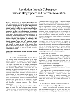 Revolution Through Cyberspace: Burmese Blogosphere and Saffron Revolution Amara Thiha