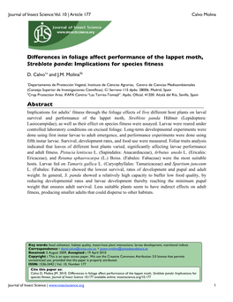 Differences in Foliage Affect Performance of the Lappet Moth, Streblote Panda: Implications for Species Fitness