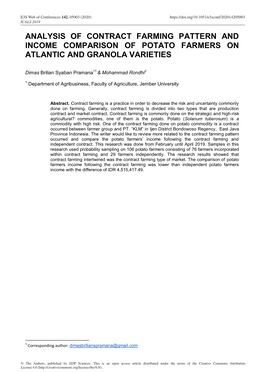 Analysis of Contract Farming Pattern and Income Comparison of Potato Farmers on Atlantic and Granola Varieties